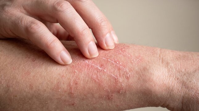 Detail of Person Scratching Itchy Red Rash and Eczema on Forearm Skin
