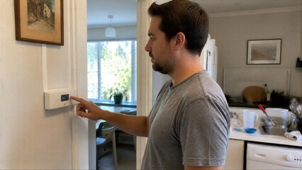 Fototapeta premium Man Adjusting A Digital Thermostat On A Home Wall