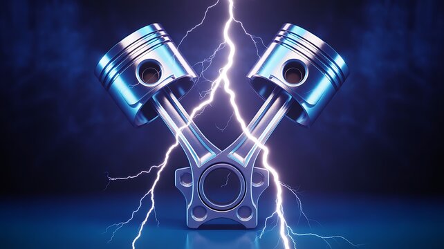 A dramatic automotive themed digital art piece showing two engine pistons connected with powerful electric lightning bolts in a dark blue environment.