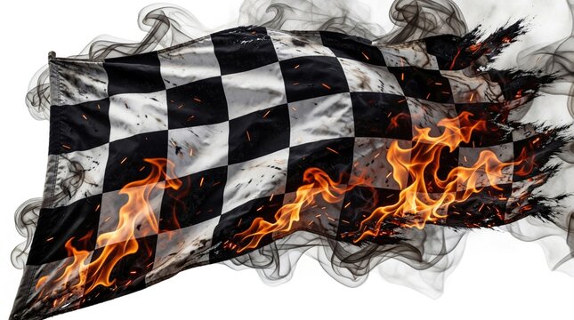 Checkered racing flag burns with intense orange flames. Smoke rises from black, white fabric against white background. Dynamic symbol of speed, competition for motorsport fans. High energy graphic