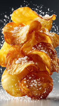 Crispy potato chips floating in the air