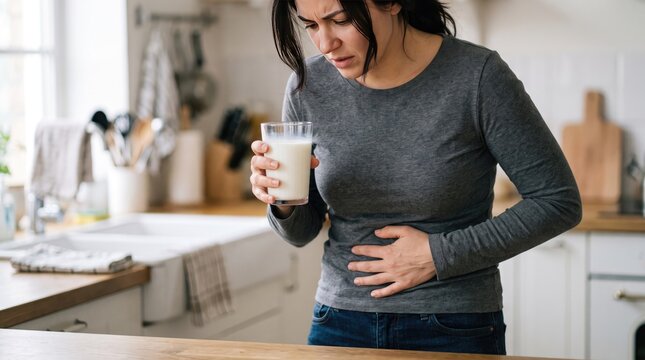 Woman feeling stomach pain while holding a glass of milk in her kitchen at home