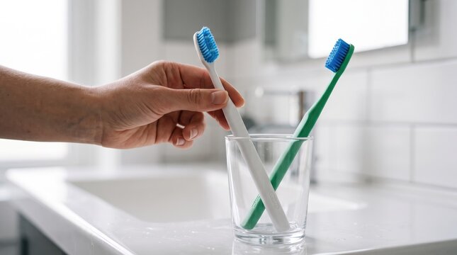 A person reaching for a toothbrush in a glass on a clean white bathroom vanity counter top