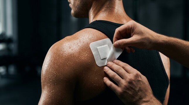 Close up of hands applying a white patch to a client's sweaty upper back during training