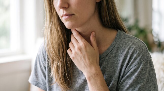 Young woman touching her neck while suffering from a painful sore throat or feeling sick at home