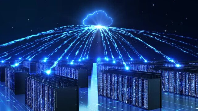 High tech storage servers and cloud computing, modern data center with rows of server racks, floating binary code, advanced cloud computing, data processing, and a high-tech, futuristic environment.