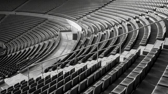 Curved concrete tiers and metal railings overlooking rows of molded plastic seats in an arena.