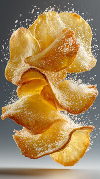 Crispy potato chips floating in the air