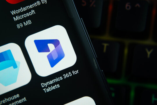 Redmond, United States - 07 August 2026: Dynamics 365 for Tablets app page on Google Play Store is seen on a smartphone screen.
