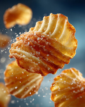 Crispy potato chips floating in the air