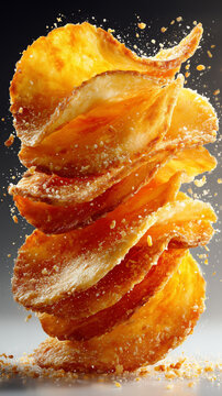 Crispy potato chips floating in the air