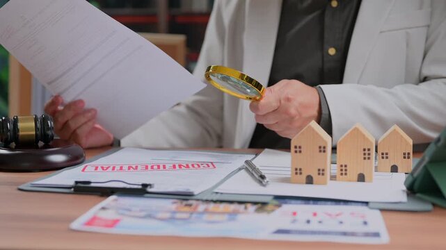 Lawyer holding magnifying glass examines confidential document reviewing real estate contract property investment legal audit assesses mortgage risk corporate compliance evaluates paperwork housing.