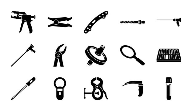 Surgical instruments icon set, 15 black medical tool vectors, professional healthcare equipment silhouettes for surgery and clinical use