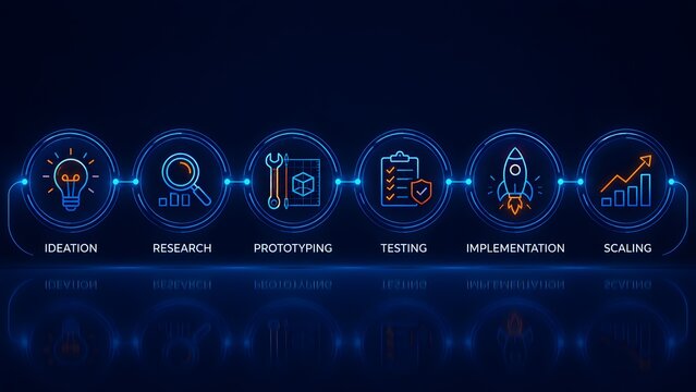 Glowing neon digital workflow timeline connecting ideation research prototyping testing implementation and scaling phases on a dark tech background