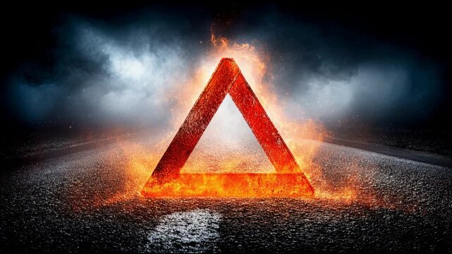 Flames surround a warning sign on a dark road with clouds in the background