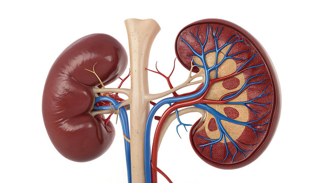 High-resolution 3D medical illustration of human kidneys with vascular system and ureter anatomy
