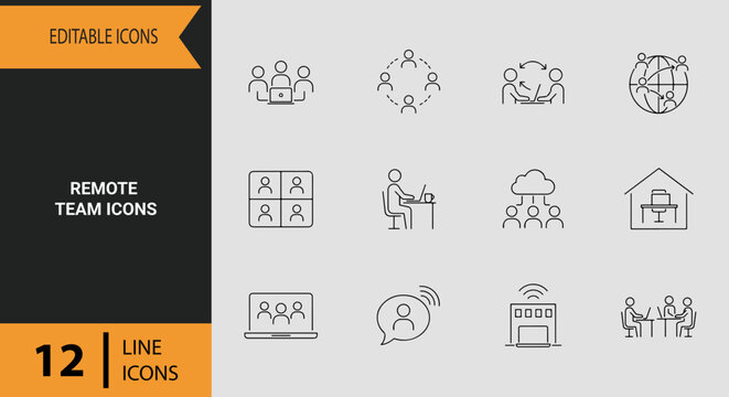 Remote Team Outline Icon Set for Distributed Workforce Workspaces and Virtual Business Operations