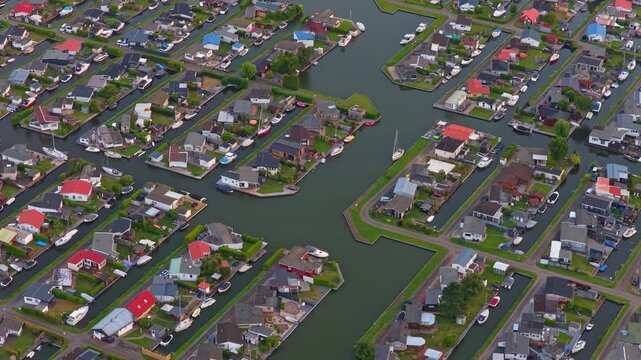 Aerial view of lemmer marina residential district in the netherlands