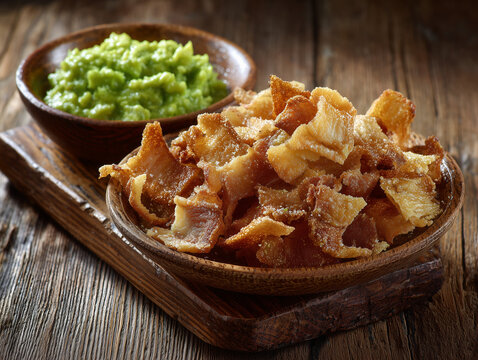 Pork rinds with guacamole dip