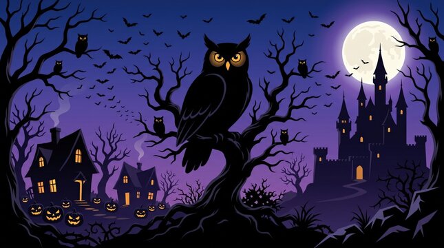 Scary halloween panorama illustration of an owl on a gnarled tree, haunted houses, and a castle under a full moon.