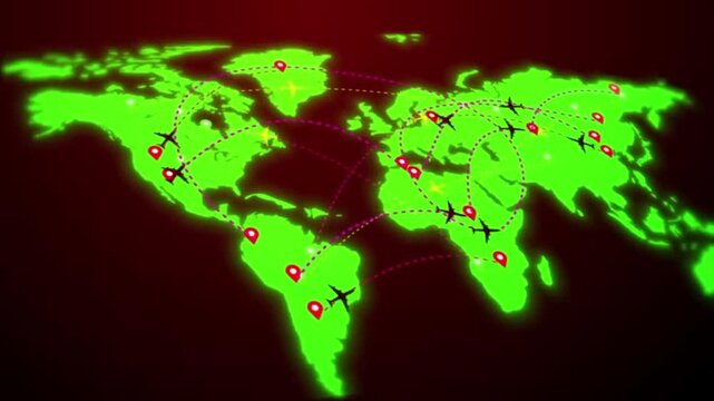 A glowing green world map set against a dark red background. Various airplane icons fly across the map, connecting different locations (location pins) across continents via dashed flight path lines.