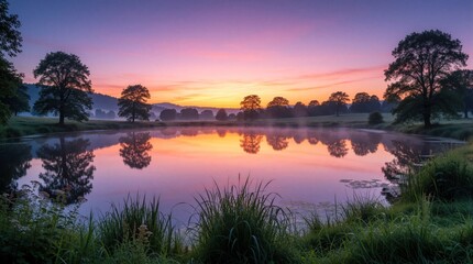 Obraz premium Peaceful pond reflects vibrant sunrise sky. Misty morning light illuminates trees and grassy shore. Calm water mirrors colorful clouds, creating a serene natural landscape.