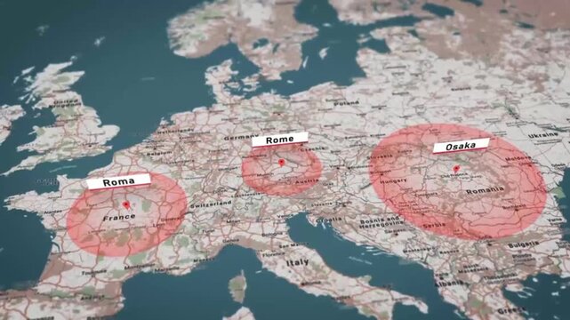 The animation displays location markers (map pins), flight and travel routes between global cities (such as Madrid, Paris, Rome, London, and New York), 