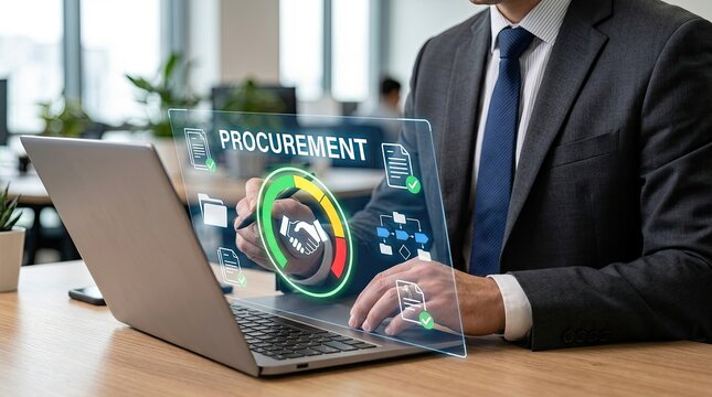 Businessman managing digital procurement process on an innovative holographic screen.