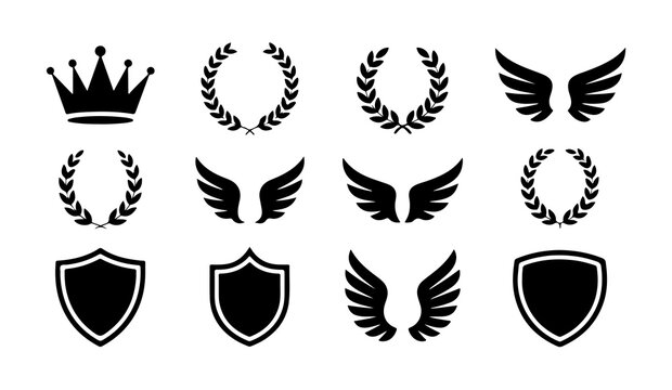 Crown wreath wing and shield icon set with black silhouettes for heraldic design and vintage emblem branding.