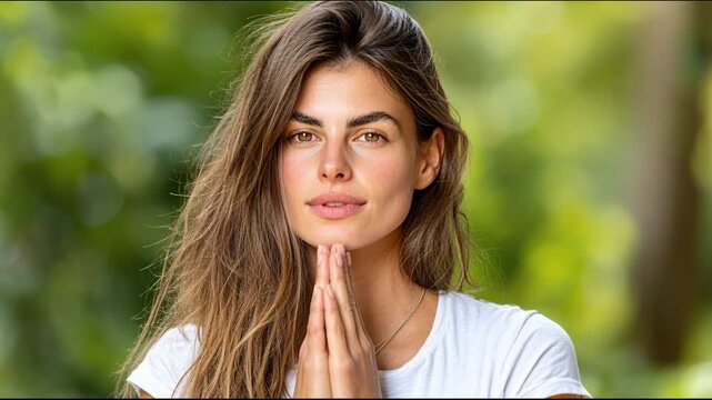 Model poses with hands together and smiles, outdoors in a green setting during daylight