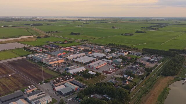 Aerial view of lemmer industrial park in netherlands at sunset