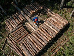 Obraz premium Aerial view of lumberjack using chainsaw to cut logs in forest. Worker prepares firewood pile for winter season. Man wears blue jacket, safety gear working with wood in nature. Pro forestry job from