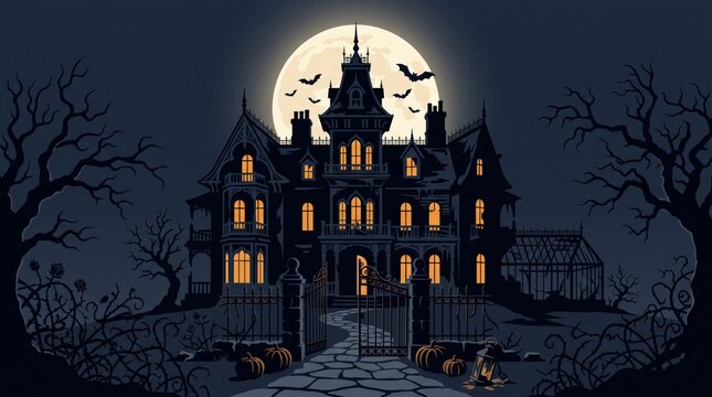 Illustration of a spooky haunted mansion at night with a full moon and bats. Halloweeen panorama