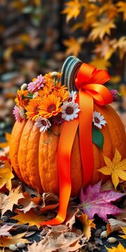 Pumpkin adorned with flowers and a bright orange ribbon, surrounded by falling leaves, fall, pumpkins
