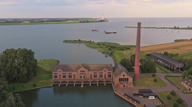 Aerial view of wouda pumping station at sunrise in the netherlands