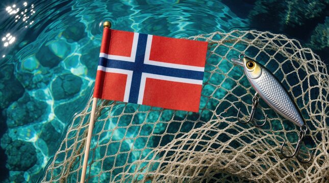 Norwegian flag and fishing lure rest on net over clear water. Prepare for angling adventure by the sea. Symbol of sport fishing and travel in Norway.