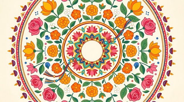 Beautiful Rakhi in the center of a floral rangoli with little lettering and a high-quality flat vector design