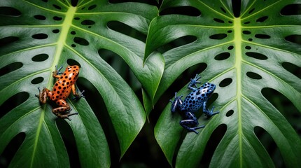 Fototapeta premium Two colorful poison dart frogs sit on large monstera leaves. One frog bright orange with black spots, vibrant blue with dark spots. Vivid skin contrasts with green jungle foliage, beauty, danger.
