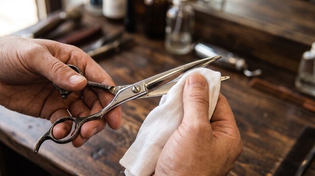 Barber cleaning scissors in a vintage barbershop setting  