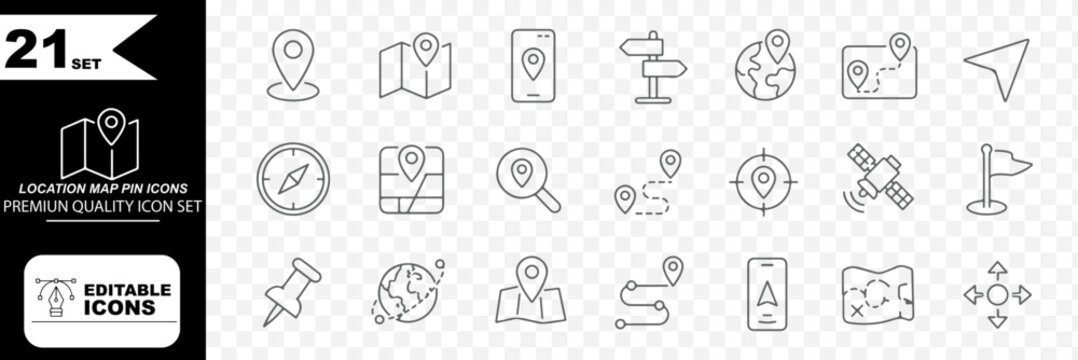 Map and location icon set. Navigation, GPS, direction, travel, route, destination, road, navigator icons. Thin line editable stroke vector illustrations. Map pin thin line icon set. destination point 