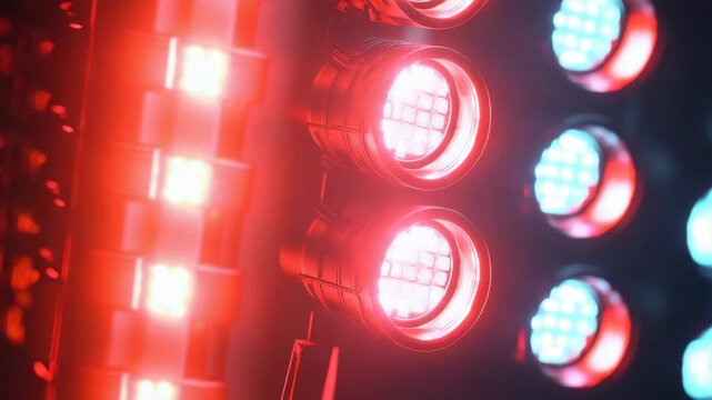 Red and blue lights pulse in a grid pattern. Yellow lights blink beside the glowing panels. Metal casing holds the illuminated components. Industrial setup emits a vivid, rhythmic glow