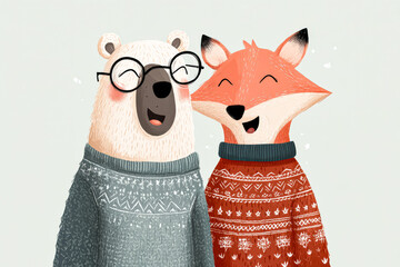 Fototapeta premium Illustration of Bear and Fox in Sweaters