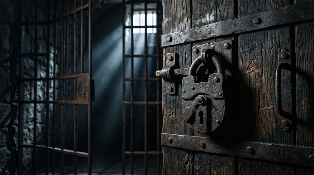 Old prison door with heavy lock and bars in dimly lit cell  