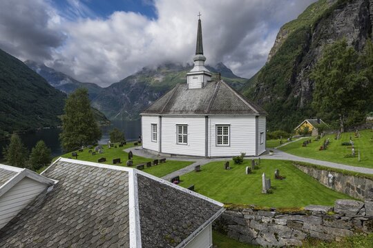 Evangelical Lutheran Church built by Hans Klipe, wooden church, Geiranger, UNESCO World Heritage Site Geirangerfjord, Stranda Municipality, M&oslash;re og Romsdal, Norway