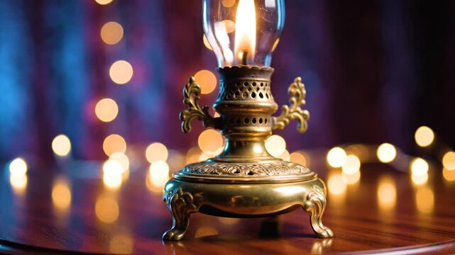 Antique oil lamp burning on wooden table with bokeh lights