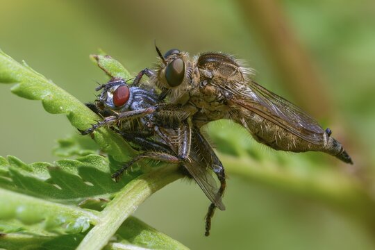 Downland robberfly, Machimus rusticus, predatory fly, rusty brown predatory fly, simple predatory fly, prey, female, insects, hunting, female
