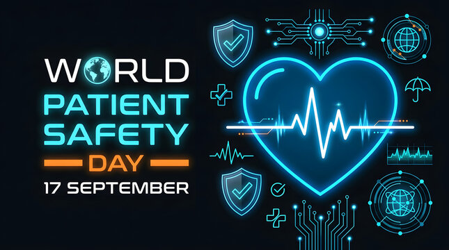 World patient safety day futuristic digital technology concept with neon heart and pulse, september