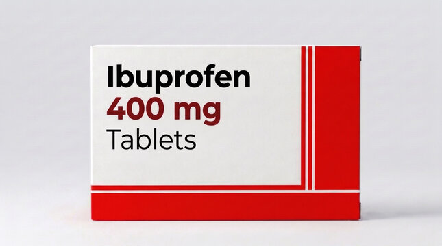 Front view of a generic ibuprofen 400 mg pill box packaging