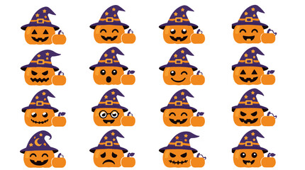 Fototapeta premium Set of Halloween Stickers Featuring Cute Witch Pumpkins with Various Facial Expressions