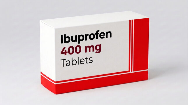 Front view of a generic ibuprofen 400 mg pill box packaging